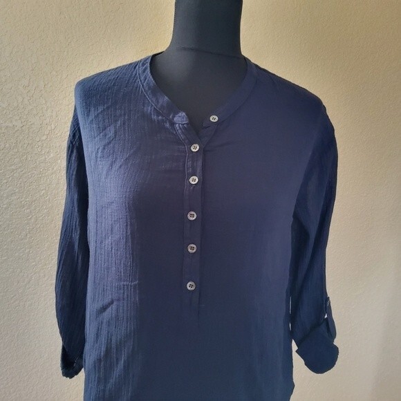 Three Dots Henley Semi Sheer Gauze Tunic Top M Navy Blue New - Picture 14 of 16